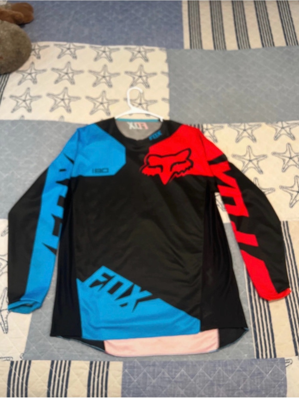 Fox men’s Long-Sleeve MX Jersey in Black, Blue & Red